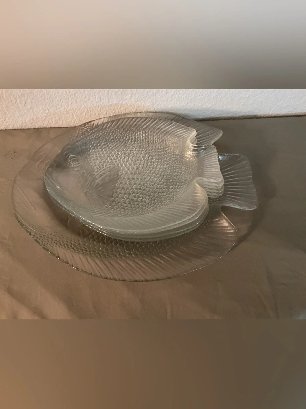 Vintage Arcoroc France Clear Glass Fish Shaped plater & 10” Dinner Plates Set 6